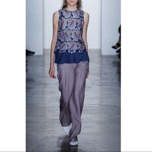 Wes Gordon Silk Paisley Blouse 10 Top Medium Sleeveless Blue Purple Lace Pleated